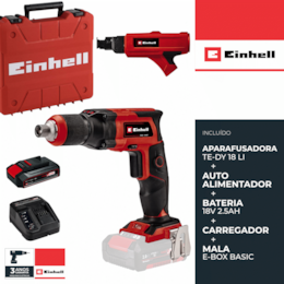 Aparafusadora Einhell p/ Gesso Cartonado TE-DY 18 Li + Auto Alimentador + Bateria 18V 2.5Ah + Carregador + Mala